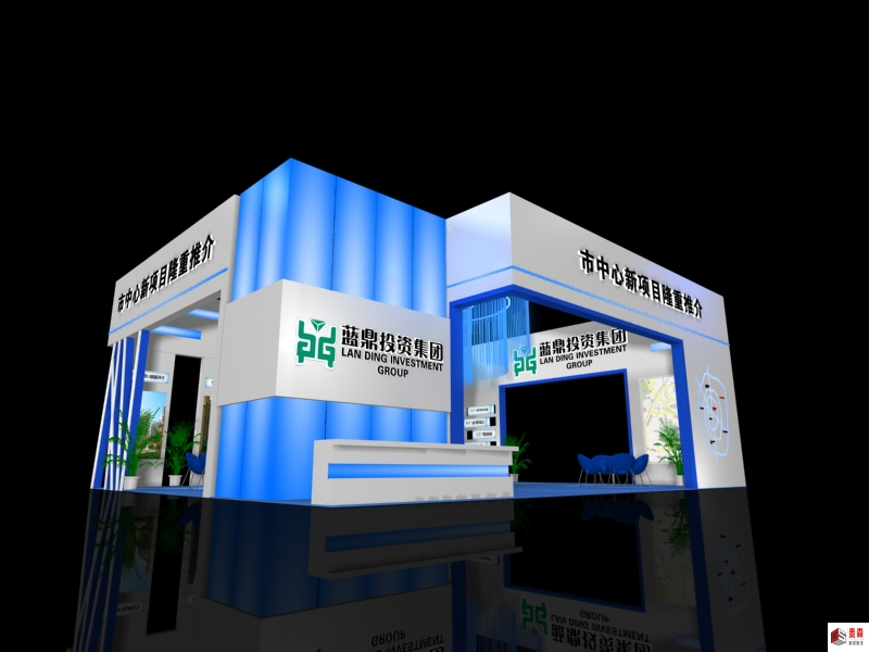 蓝鼎集团科技展台展位设计蓝白渐变基调 + 立体竖条光影结构 + 通透开放布局