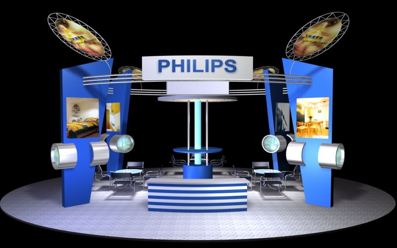 飞利浦照明展厅展位设计蓝色科技框架 + 中央环形舞台，让光，成为空间与体验的语言